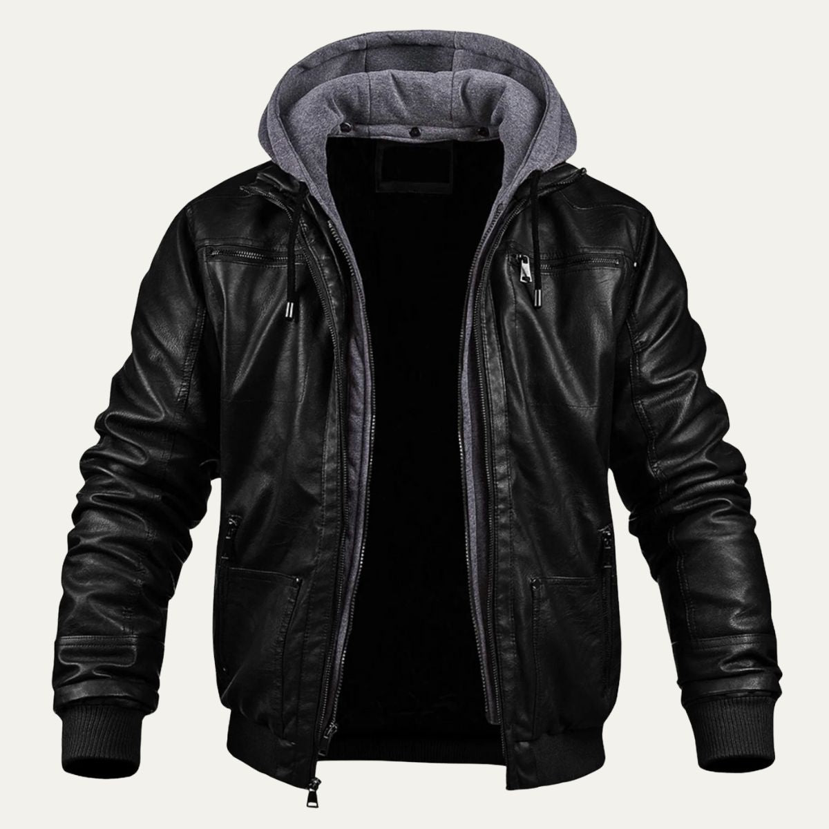 Men's Quilted Synthetic Leather Bomber Jacket with Fleece Hood - OutfitLondon