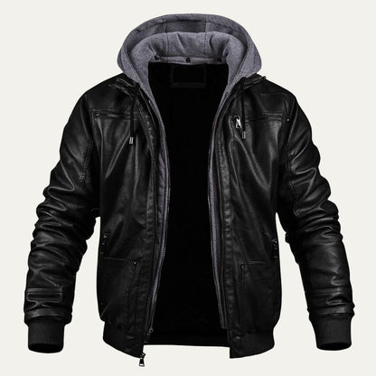 Men's Quilted Synthetic Leather Bomber Jacket with Fleece Hood - OutfitLondon