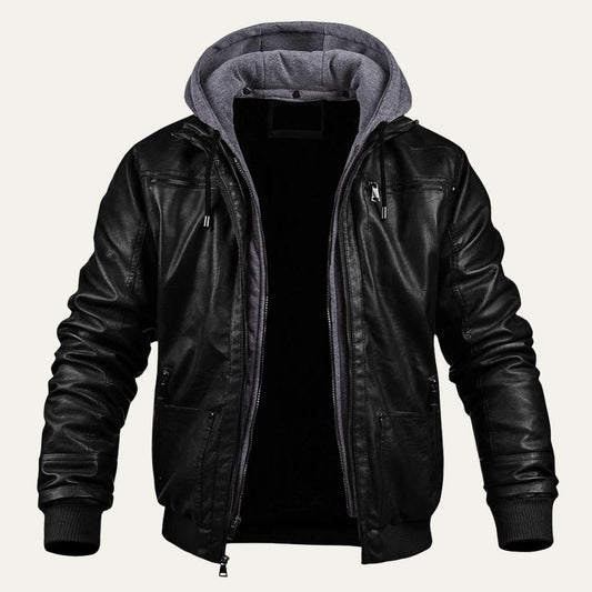 Men's Quilted Synthetic Leather Bomber Jacket with Fleece Hood - OutfitLondon