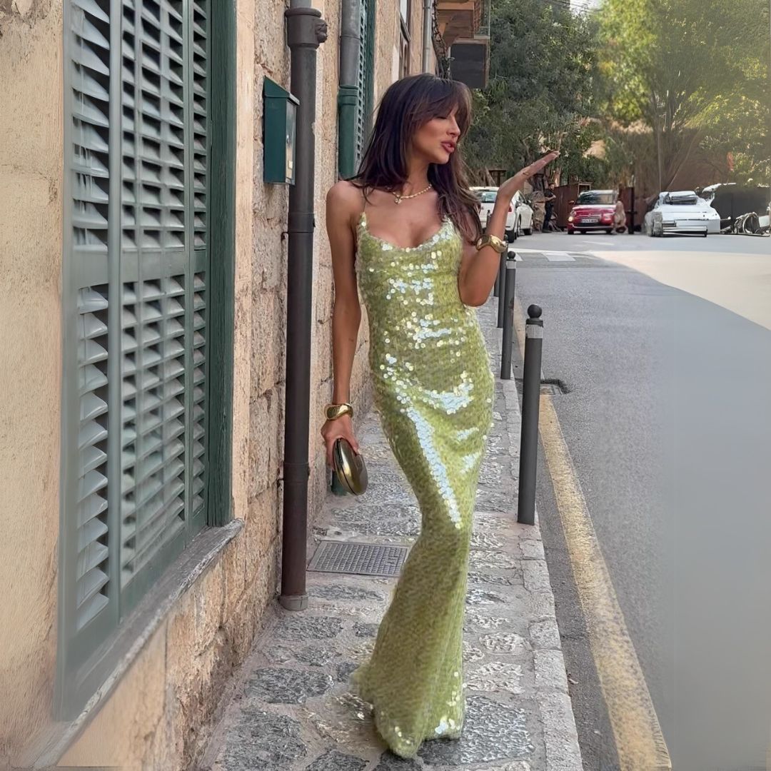 Sparkly Long Green Evening Dress for Women - OutfitLondon