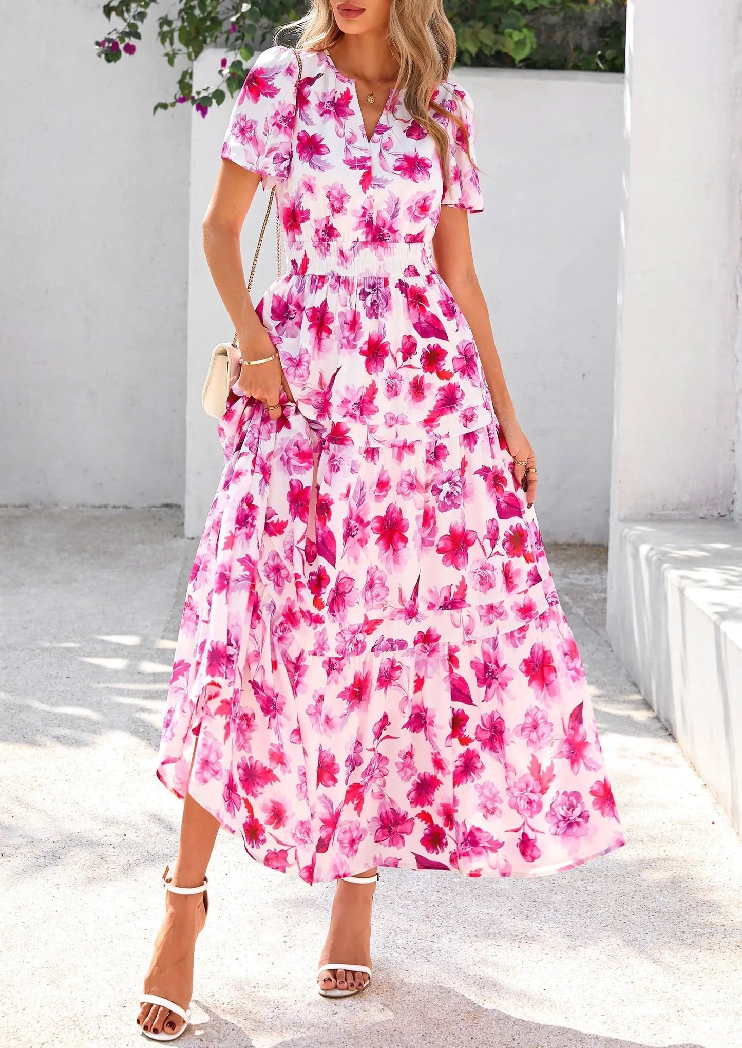 Casual Floral V Neck Flowy Beach Maxi Dress