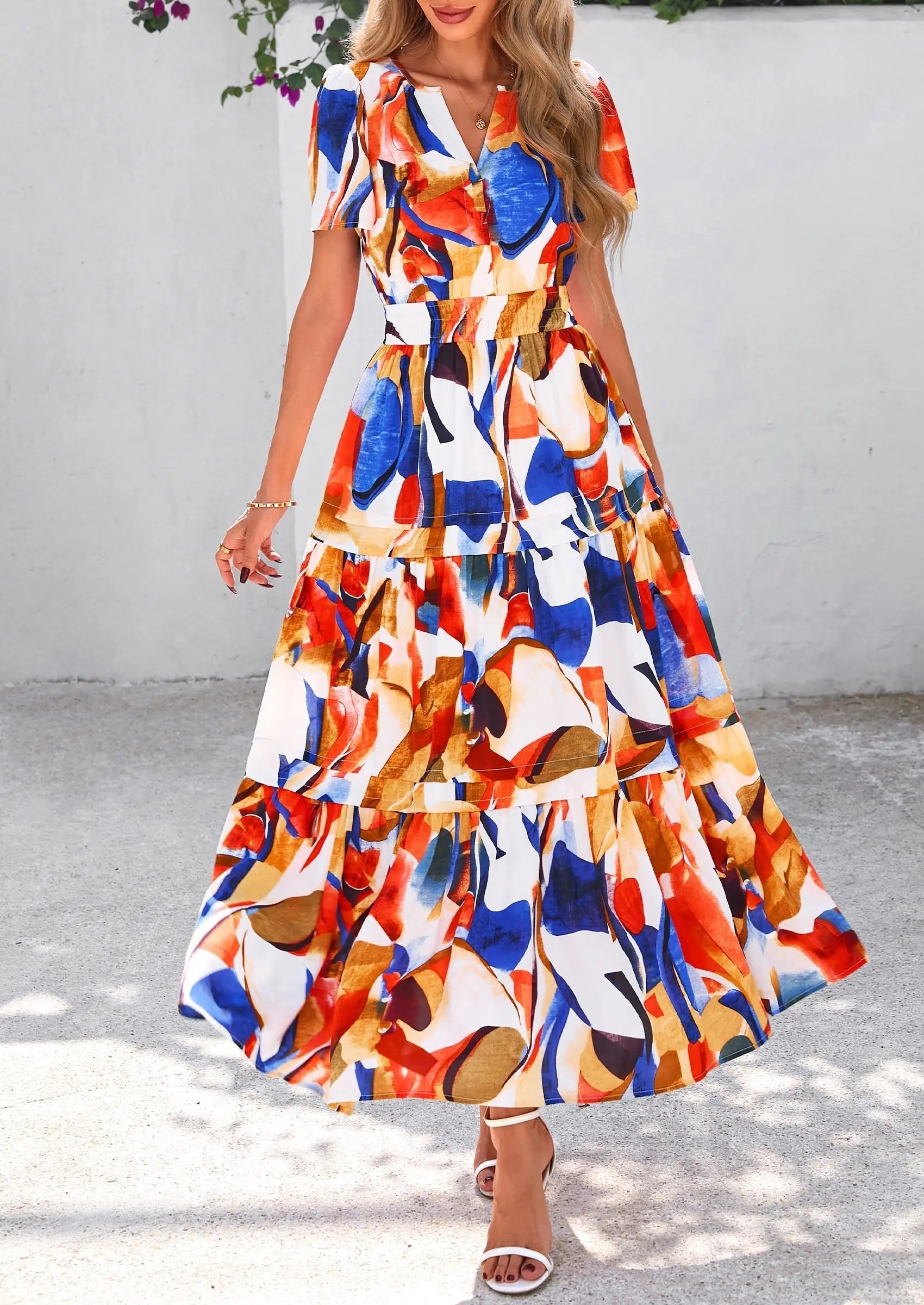 Casual Floral V Neck Flowy Beach Maxi Dress - OutfitLondon