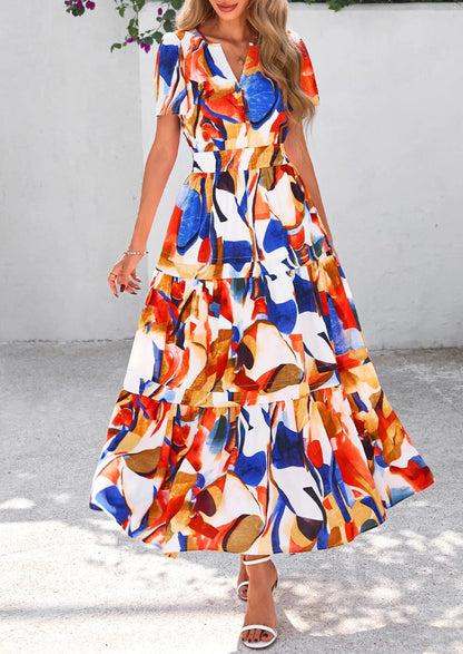 Casual Floral V Neck Flowy Beach Maxi Dress - OutfitLondon