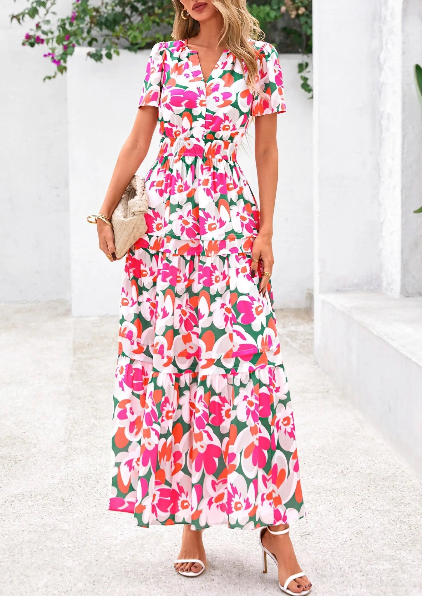 Casual Floral V Neck Flowy Beach Maxi Dress