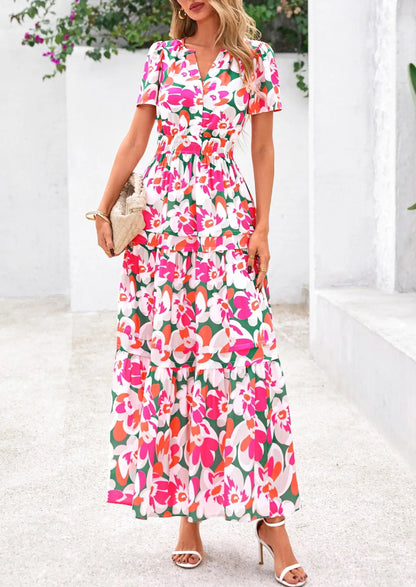 Casual Floral V Neck Flowy Beach Maxi Dress