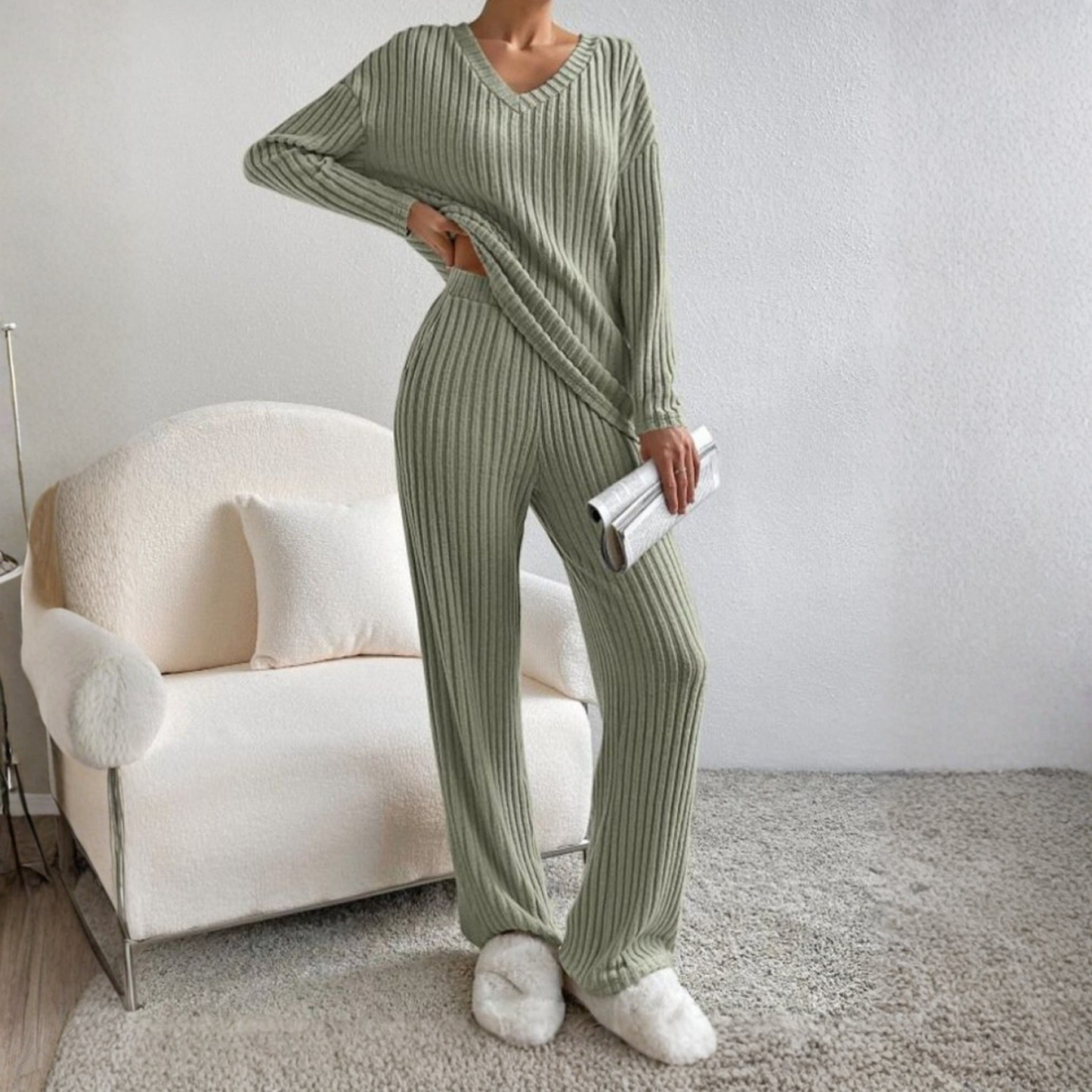 Relaxed Fit Long Sleeve V Neck Loungewear Set