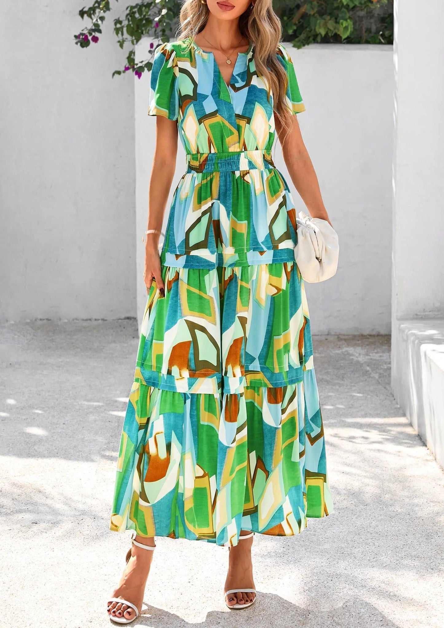 Casual Floral V Neck Flowy Beach Maxi Dress