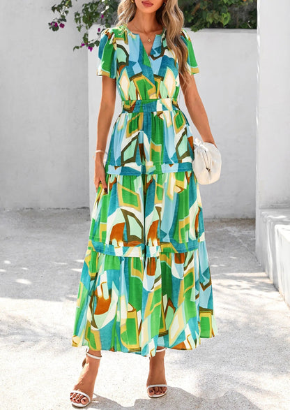 Casual Floral V Neck Flowy Beach Maxi Dress