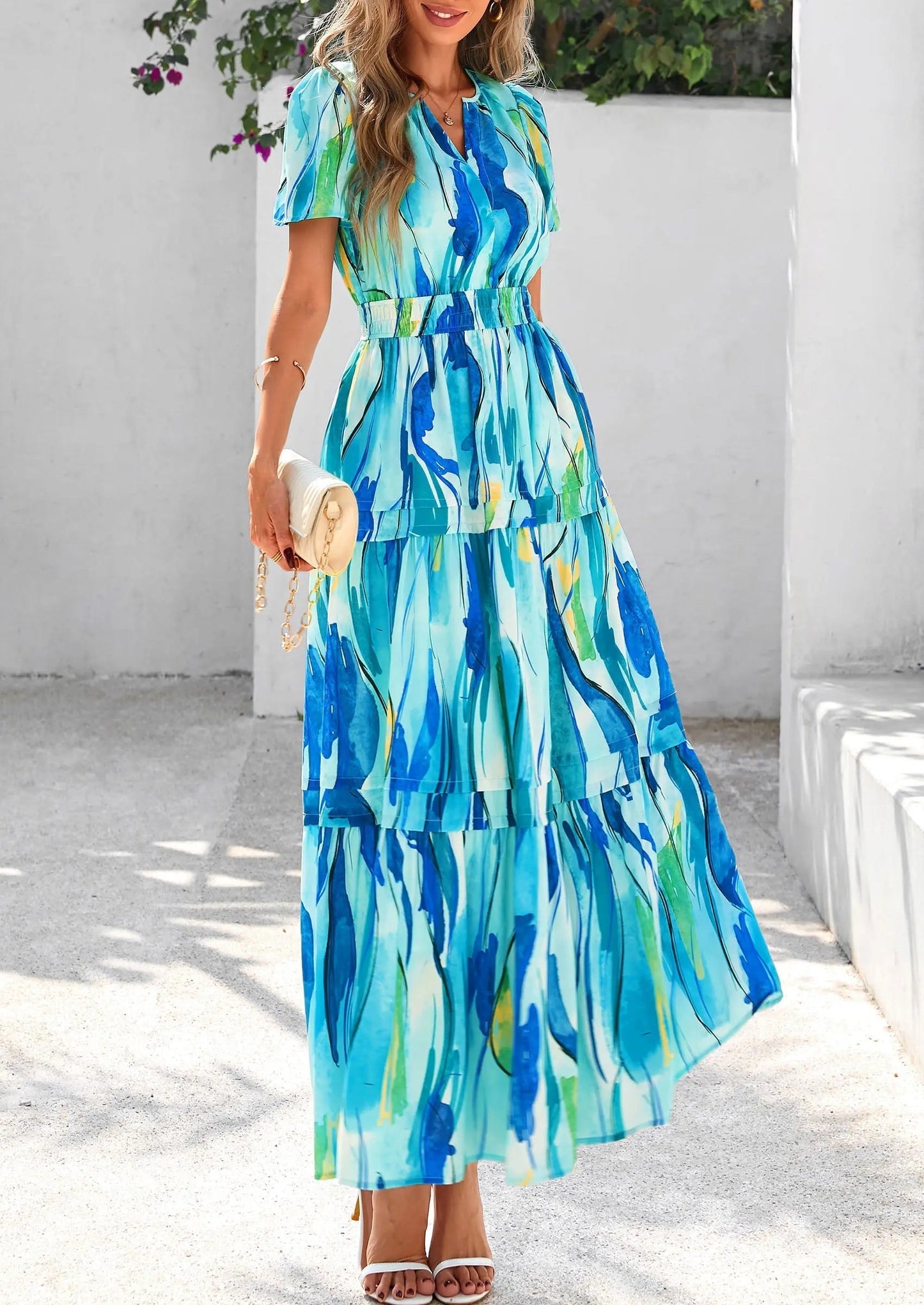 Casual Floral V Neck Flowy Beach Maxi Dress
