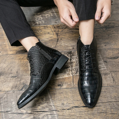 Men's Black Leather Alligator Print Ankle Boots