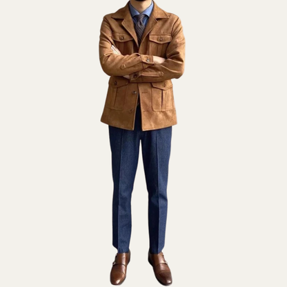 Men's Leather Field Coat with Multiple Pockets