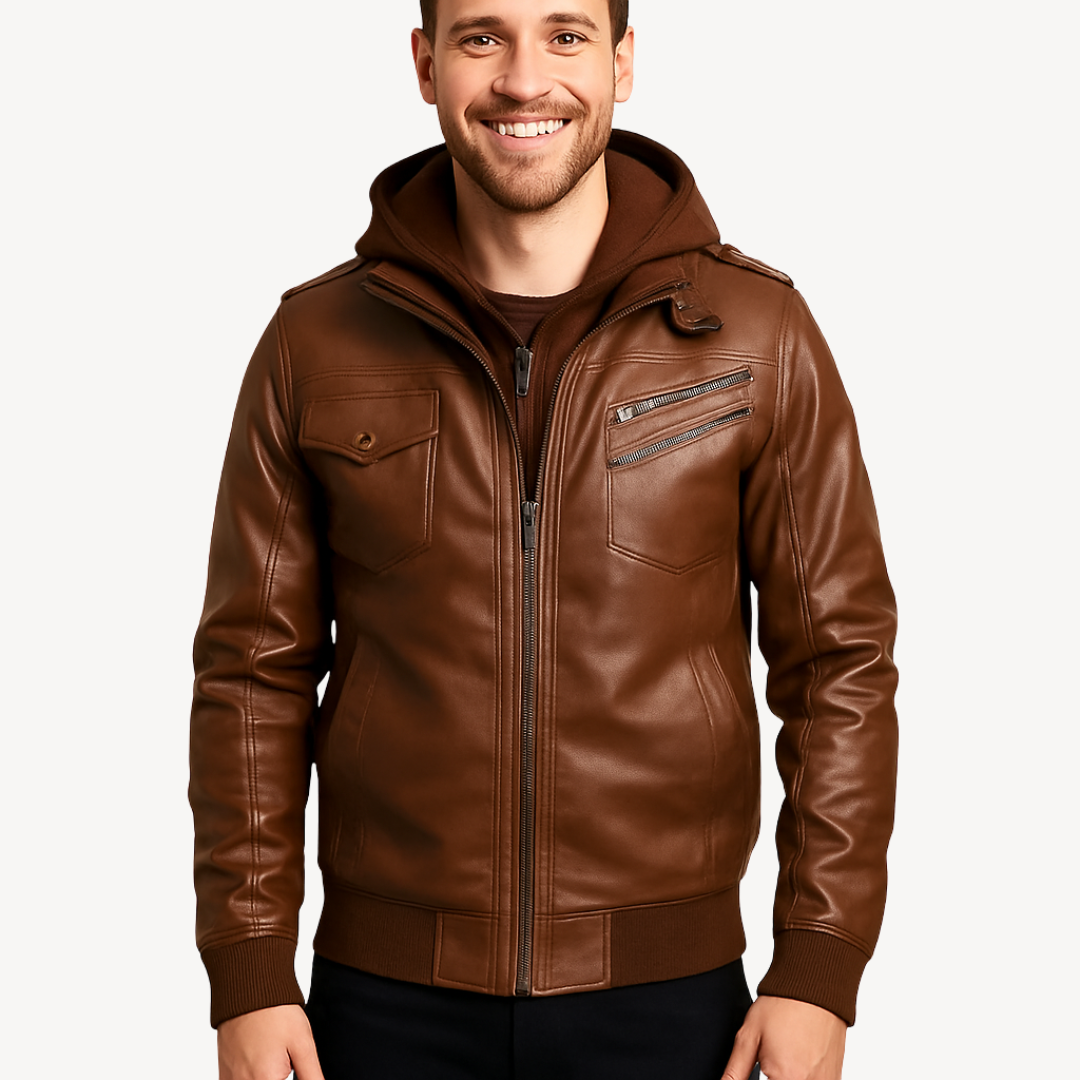 Men's Faux Leather Hooded Coat