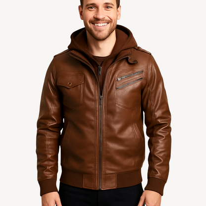 Men's Faux Leather Hooded Coat