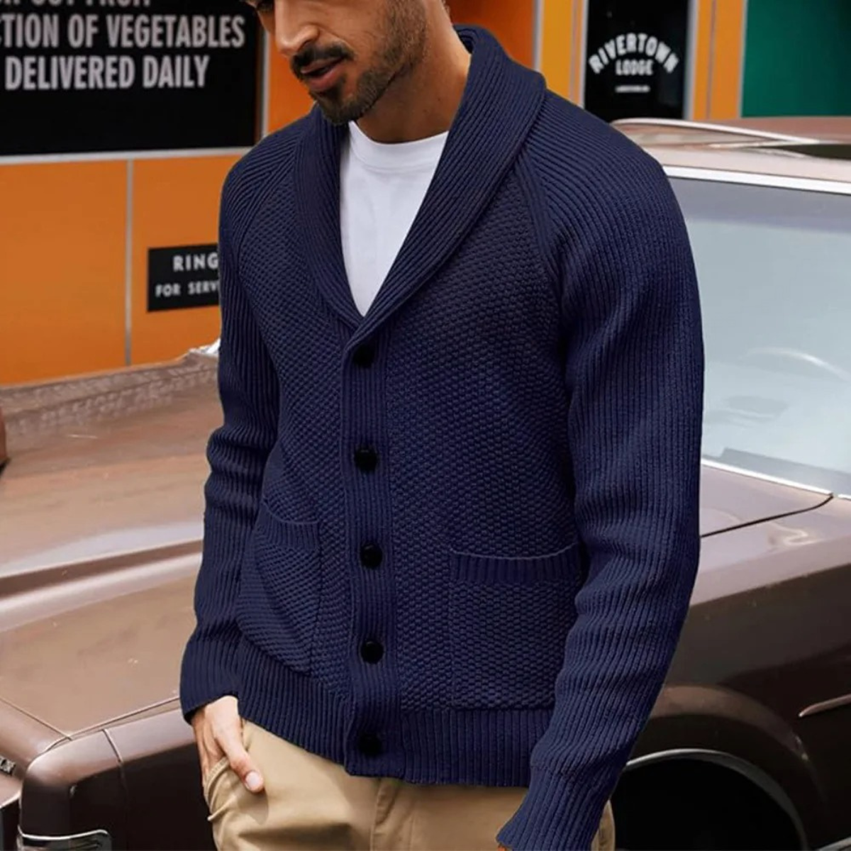 Men's Thick Cable Knit Cardigan with Pocket Detail