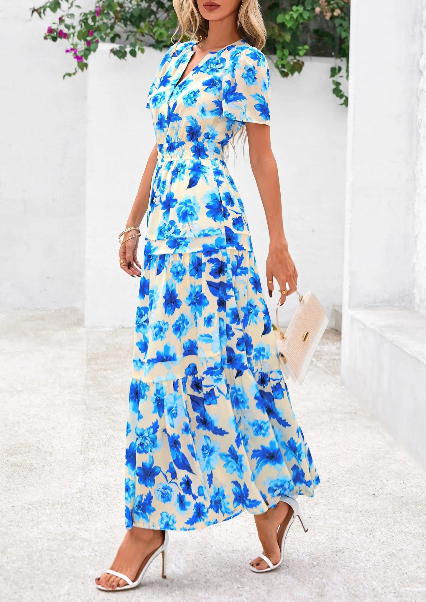 Casual Floral V Neck Flowy Beach Maxi Dress