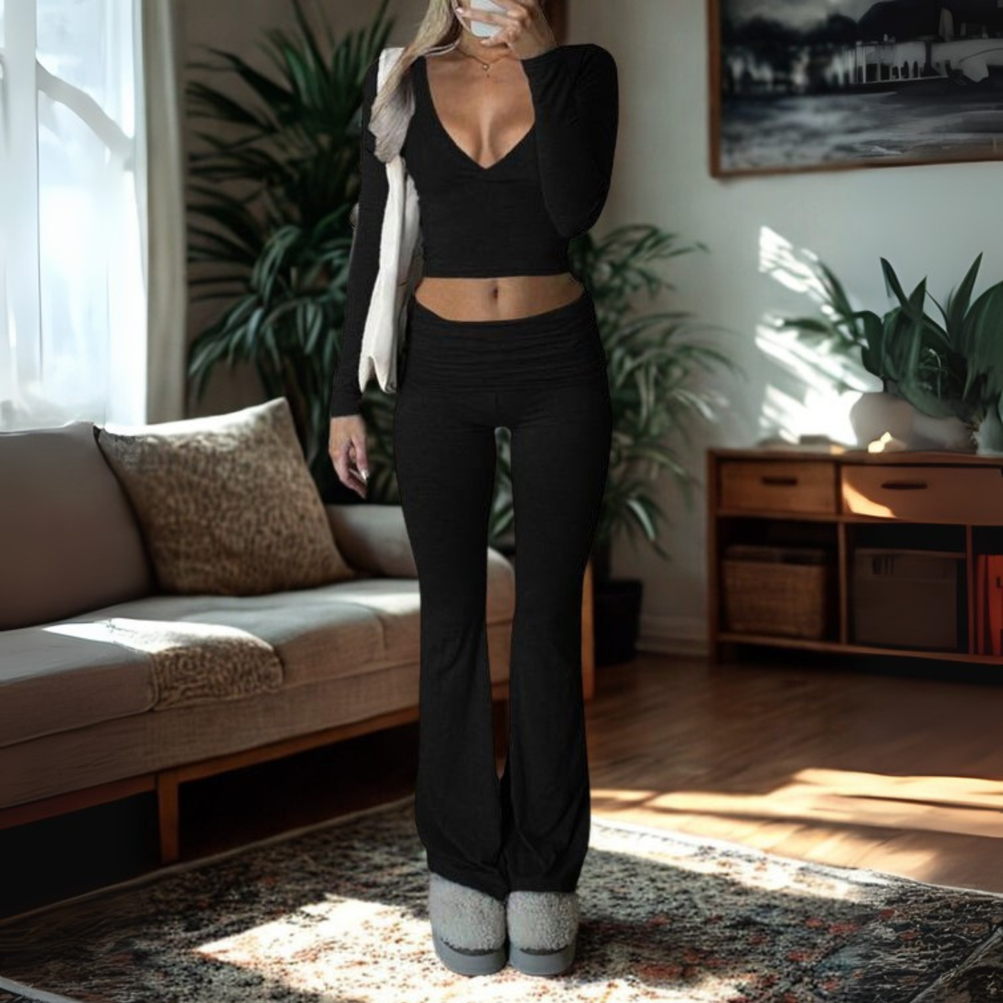 Relaxed Fit V-Neck Crop Top and Leggings Set