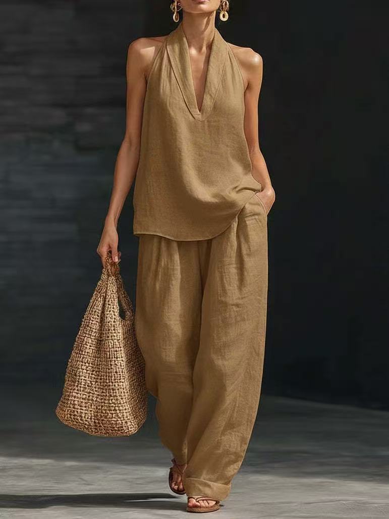 Women's Casual V-Neck Halter Cotton Top and Wide-Leg Pants Set