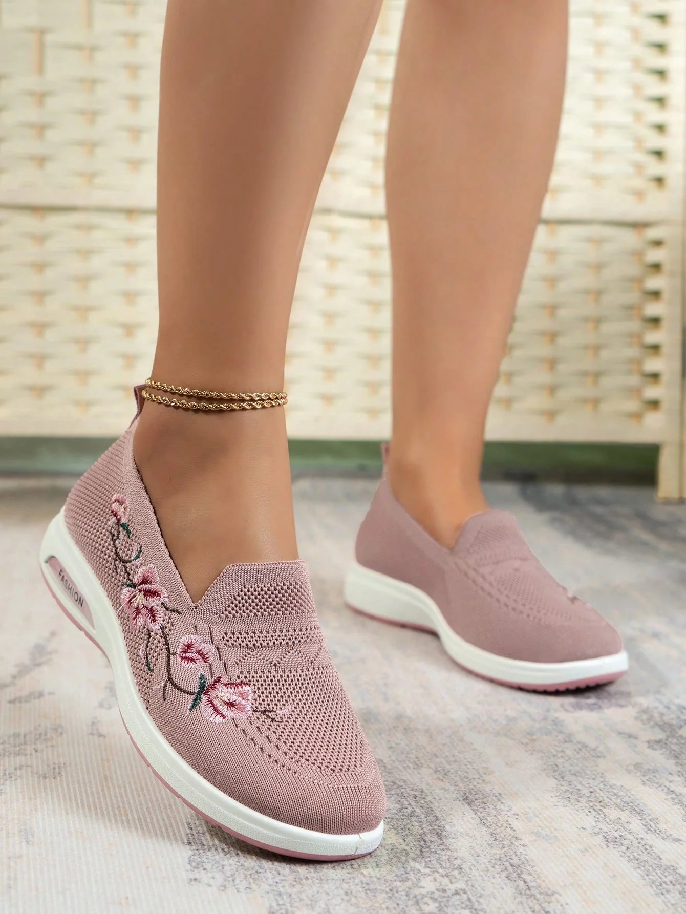 Sporty Sneakers For Women, Floral Embroidered Slip On Rocking Shoes