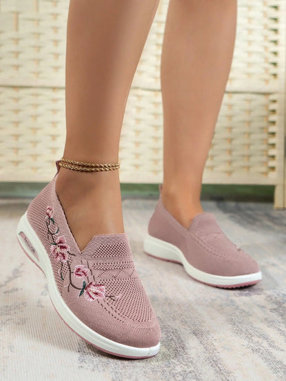 Sporty Sneakers For Women, Floral Embroidered Slip On Rocking Shoes