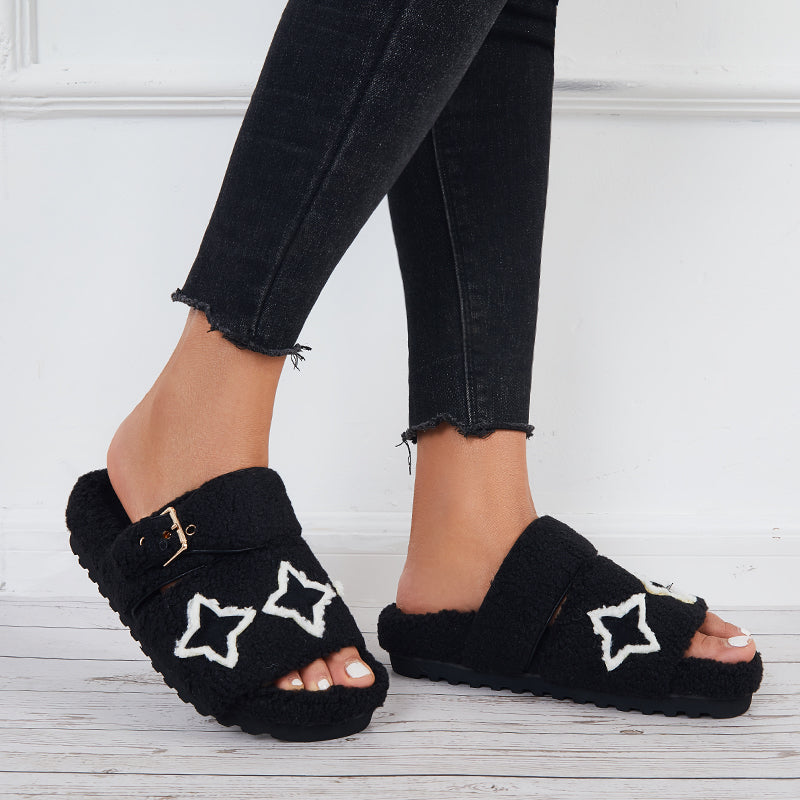 Open Toe Fluffy Slippers Faux Fur Lining Soft Footbed Shoes