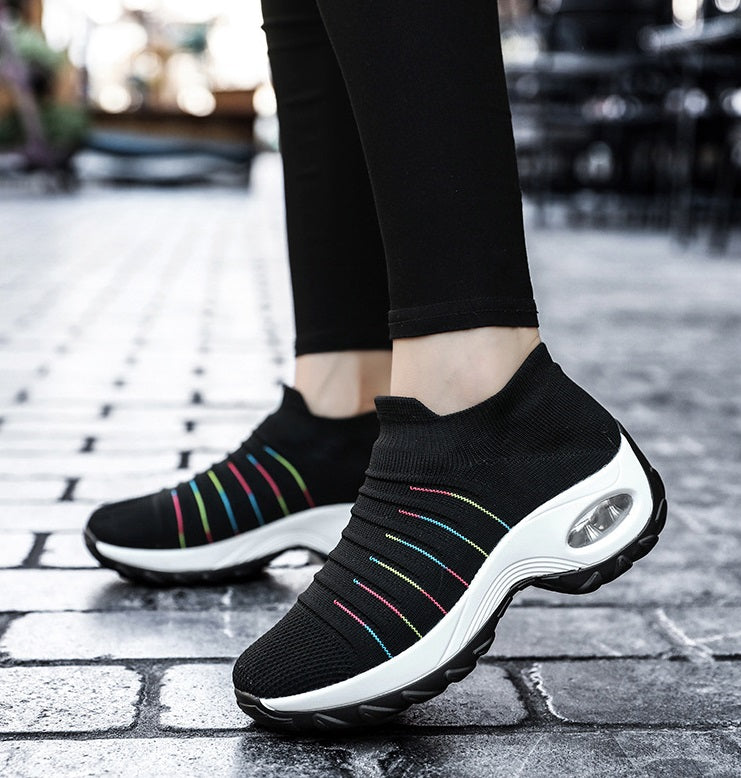 Woman's Striped Pattern Knit Sports Shoes