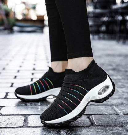 Woman's Striped Pattern Knit Sports Shoes
