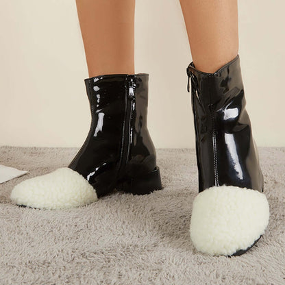 Winter Leather Waterproof Ankle Boots Block Heel Warm Snow Booties