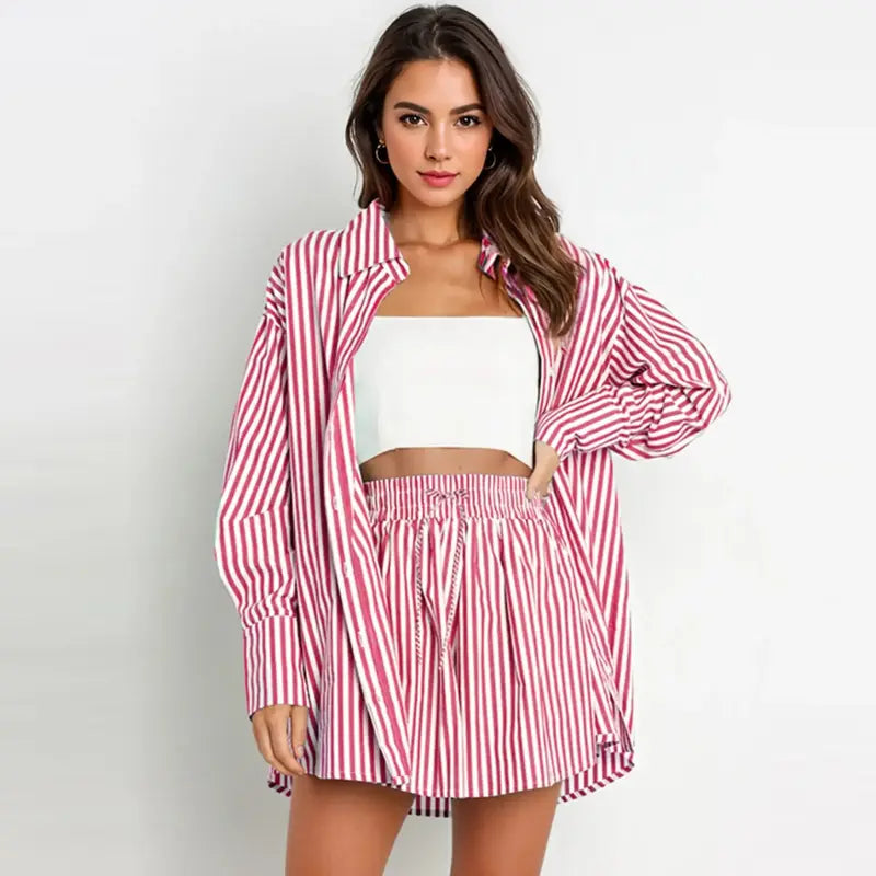 Casual Stripe Button Down Shirt and Shorts Set