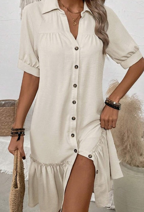Women's Elegant Button-Up Ruffle Hem Dress