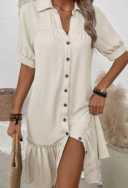 Women's Elegant Button-Up Ruffle Hem Dress