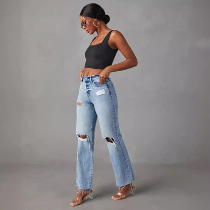Women's Casual Blue Denim Straight Leg Ripped Jeans with Raw Hem