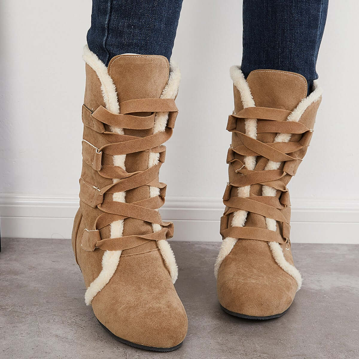 Warm Fur Mid Calf Snow Boots Wide Calf Hidden Wedge Boots