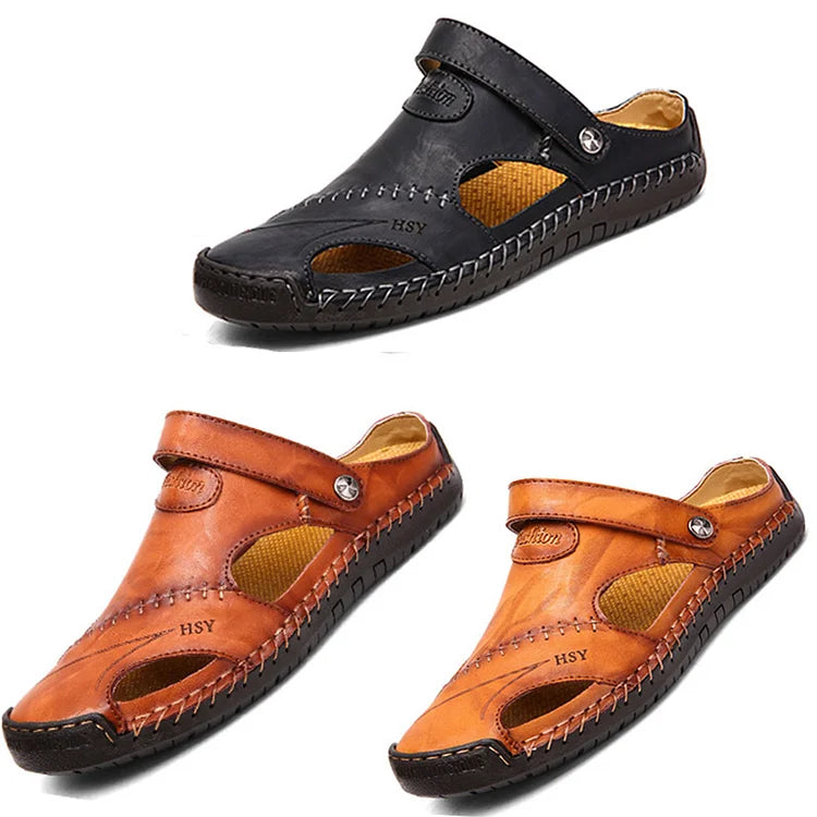 Men's Summer Hand Stitching Soft Outdoor Closed Toe Leather Beach Sandals Slippers
