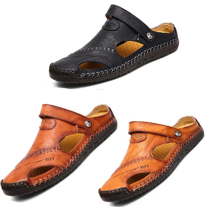 Men's Summer Hand Stitching Soft Outdoor Closed Toe Leather Beach Sandals Slippers