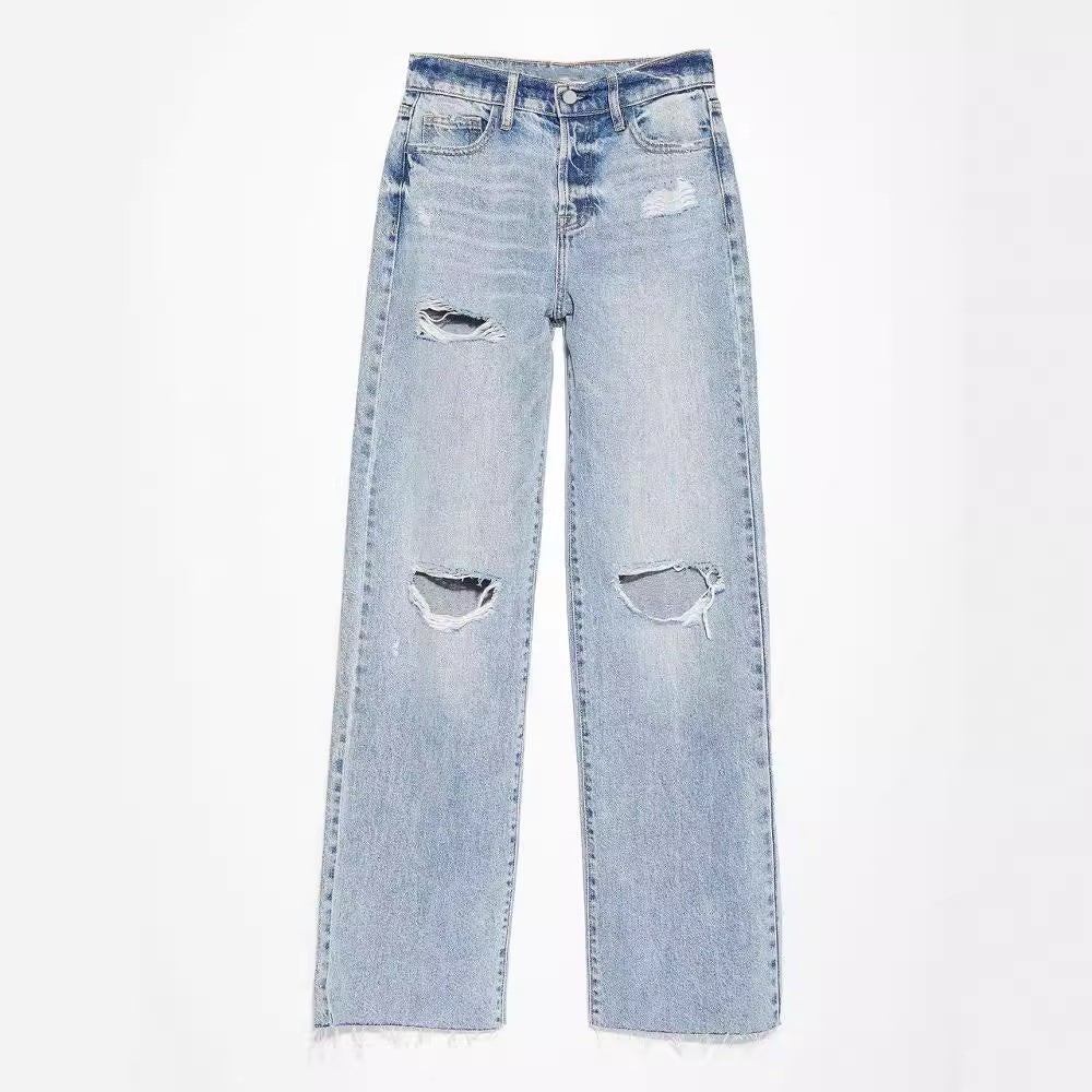 Women's Casual Blue Denim Straight Leg Ripped Jeans with Raw Hem