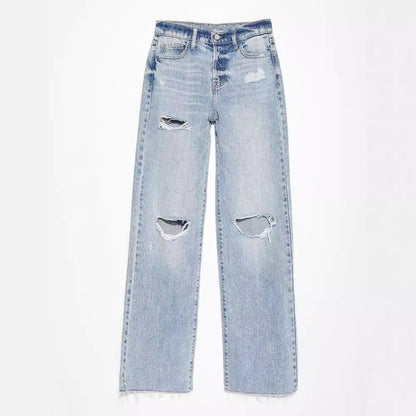 Women's Casual Blue Denim Straight Leg Ripped Jeans with Raw Hem