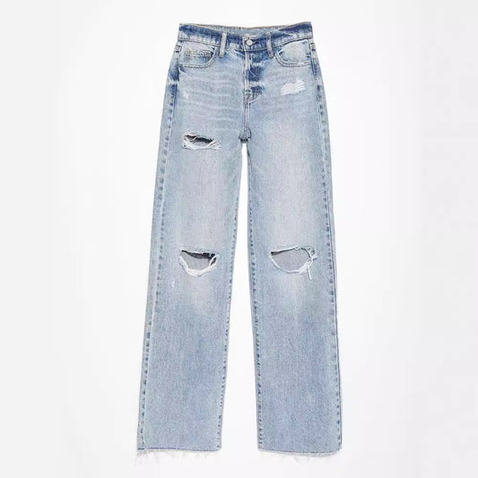 Women's Casual Blue Denim Straight Leg Ripped Jeans with Raw Hem