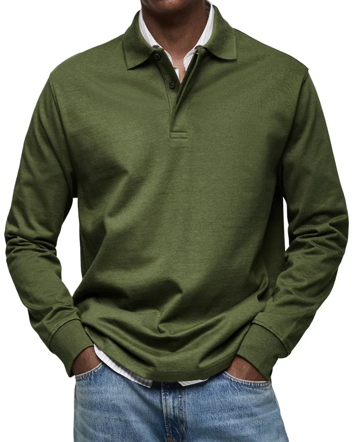 Men's Simple Long Sleeve Polo Top - Everyday Basic Tee