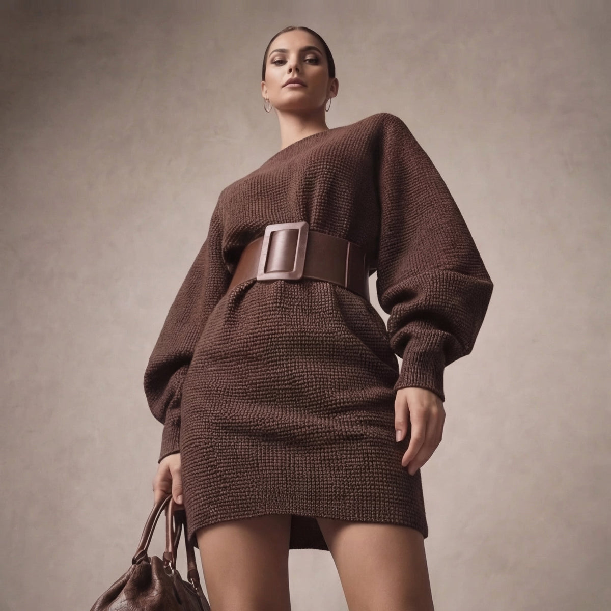 Women's Elegant Knit Belted Waist Mini Dress