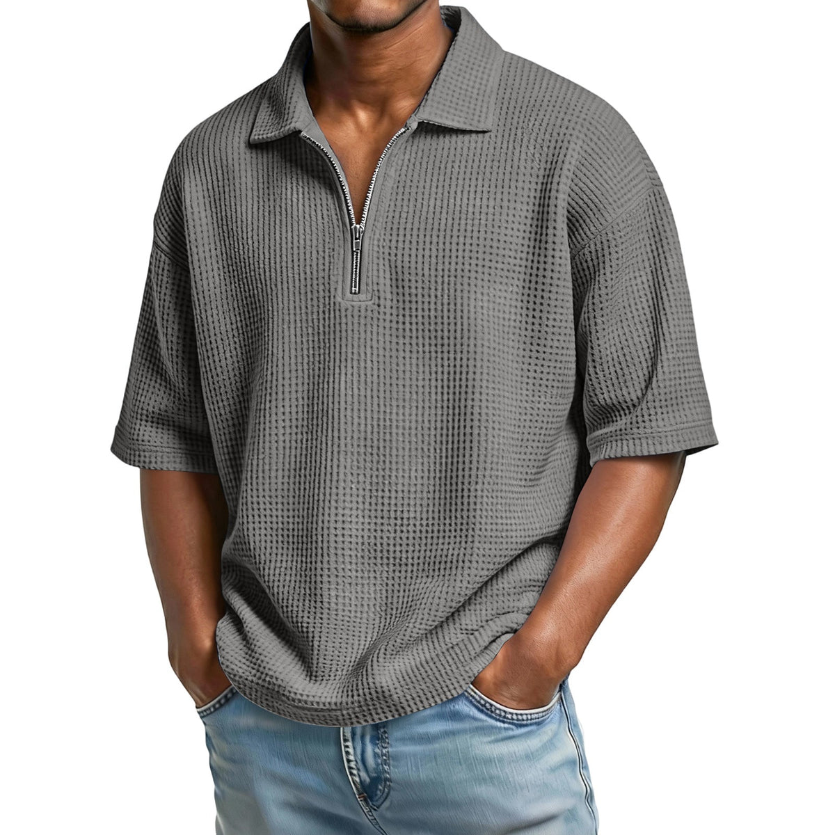 Men's Casual Waffle-Weave Short Sleeve Polo Shirt