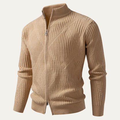 Men's Geometric Pattern Crew Neck Zip Cardigan Sweater