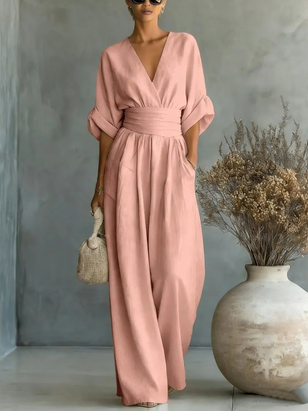Women's Casual V-Neck Wide Leg Cotton Jumpsuit