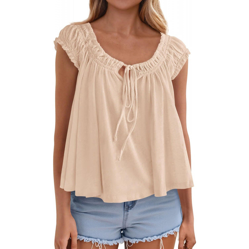 Women's Casual Lightweight Pleated Ruffle-Trimmed Top