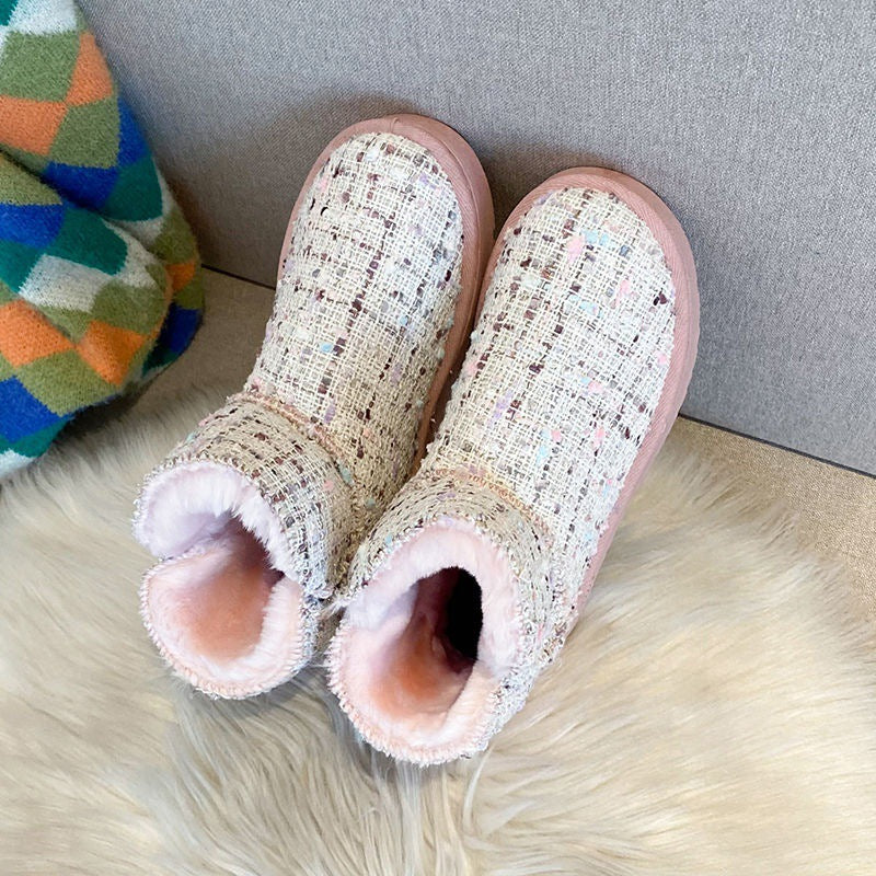 Plaid Design Slip On Ankle Boots Winter Thermal Snow Short Booties