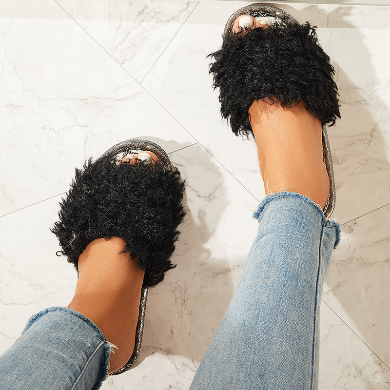 Open Toe Fluffy Bedroom Slippers Soft Footbed Shoes