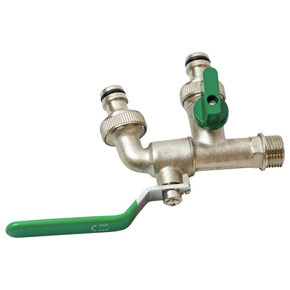 Brass Nickel Plated ½ Double Outlet Garden Tap, 2 x ¾" Hose Connectors
