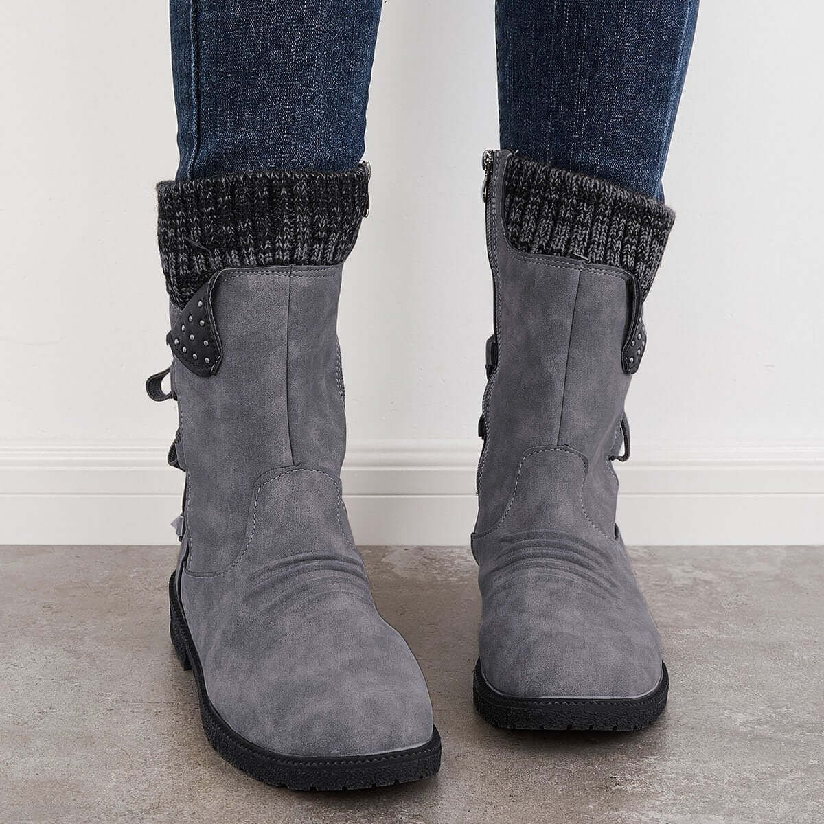 Waterproof Suede Block Heel Ankle Boots Side Zipper Booties