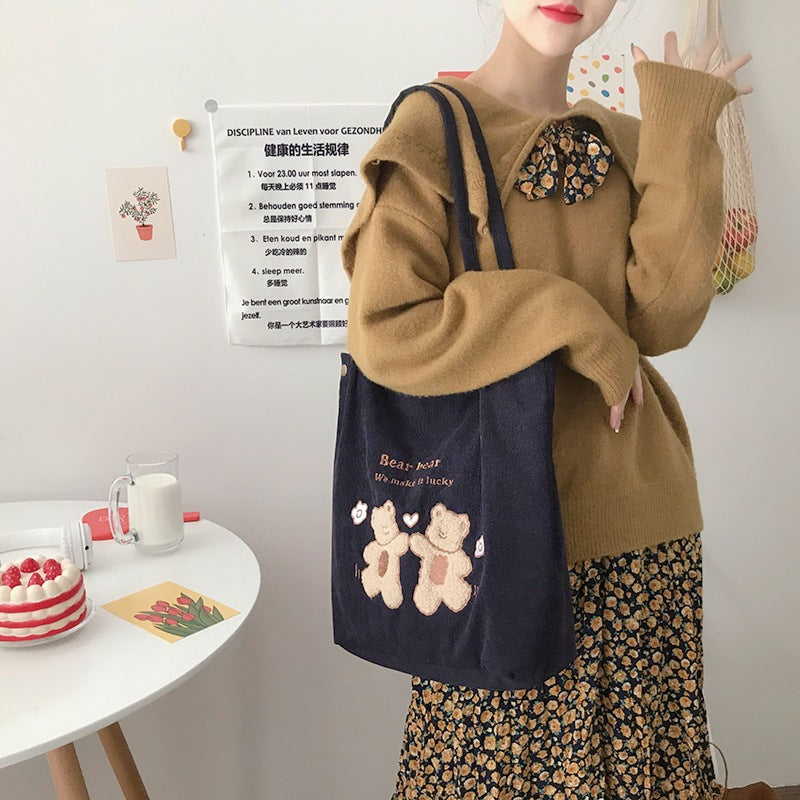 Women's Casual Corduroy Tote Bag with Embroidered Detail