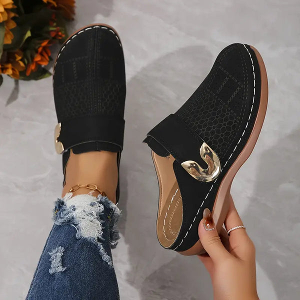Gold Buckle Comfortable Closed Toe Shoes for Women