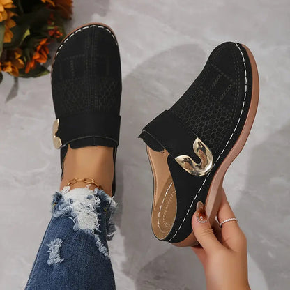 Gold Buckle Comfortable Closed Toe Shoes for Women